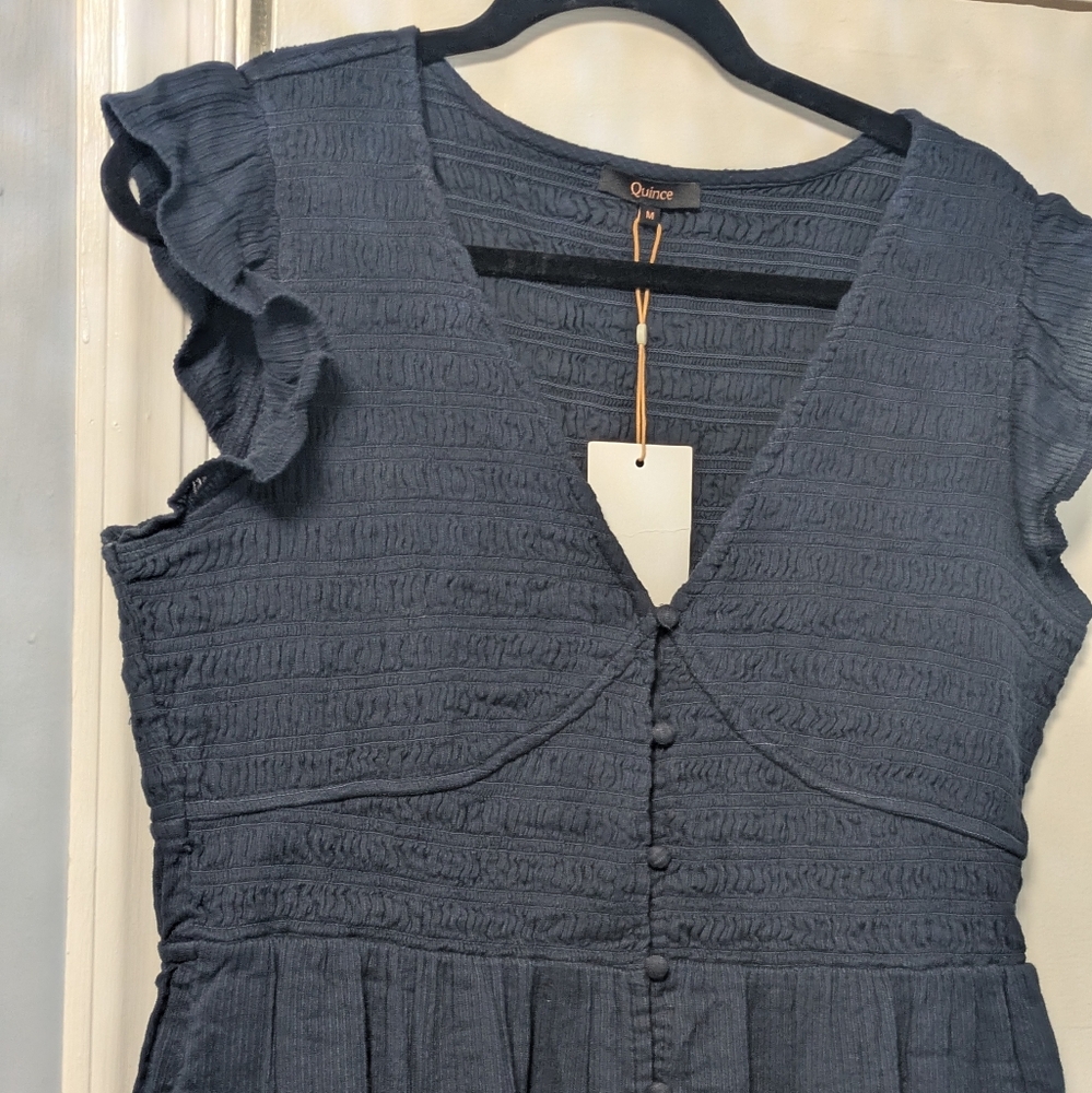 Quince Navy Organic Textured Cotton Smocked V-Neck Midi Dress - Picture 4 of 9